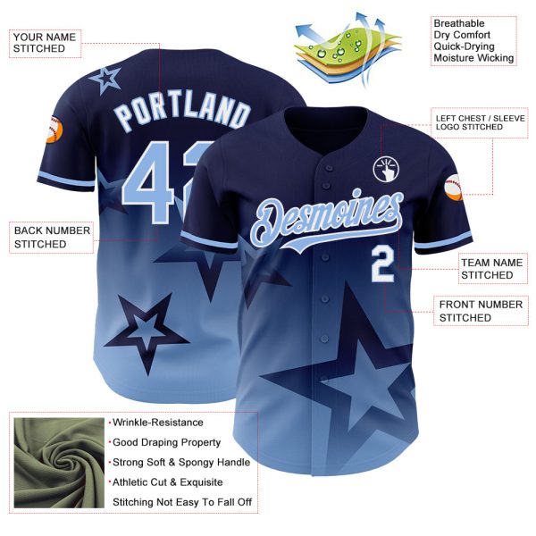 Custom Navy Light Blue-White 3D Pattern Design Gradient Style Twinkle Star Authentic Baseball Jersey - Image 3