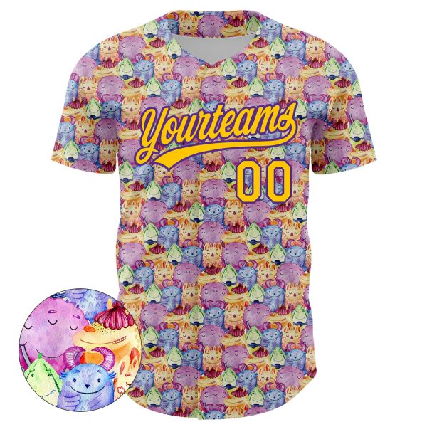 Custom Pink Yellow-Purple 3D Pattern Design Animal Funny Monster Authentic Baseball Jersey - Image 2