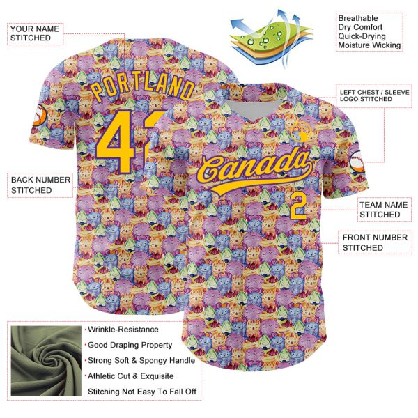 Custom Pink Yellow-Purple 3D Pattern Design Animal Funny Monster Authentic Baseball Jersey - Image 3