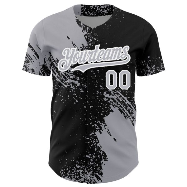 Custom Gray Black-White 3D Pattern Design Abstract Brush Stroke Authentic Baseball Jersey - Image 2