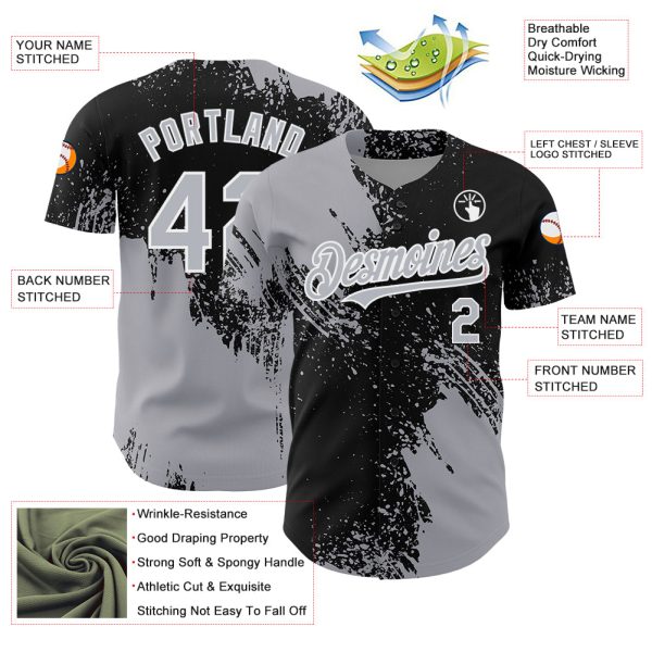 Custom Gray Black-White 3D Pattern Design Abstract Brush Stroke Authentic Baseball Jersey - Image 3