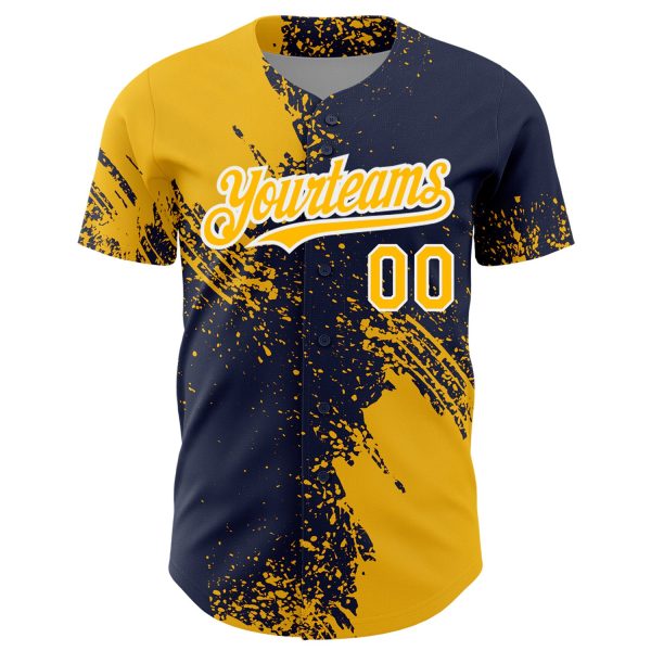 Custom Gold Navy-White 3D Pattern Design Abstract Brush Stroke Authentic Baseball Jersey - Image 2