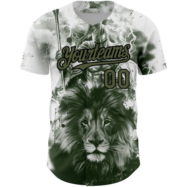 Custom White Olive-Black 3D Pattern Design Animal Lion Authentic Baseball Jersey - Image 2
