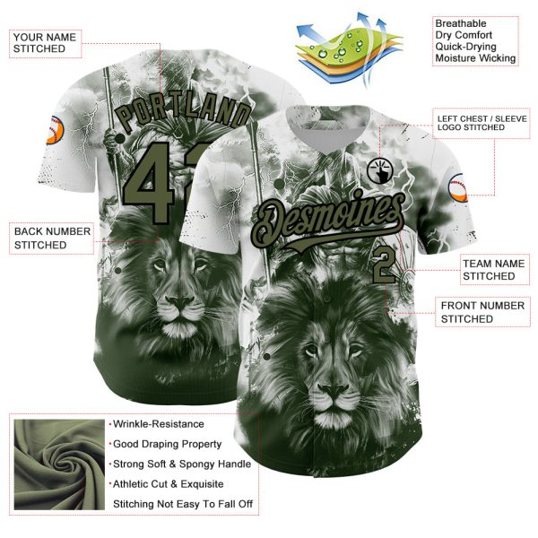 Custom White Olive-Black 3D Pattern Design Animal Lion Authentic Baseball Jersey - Image 3