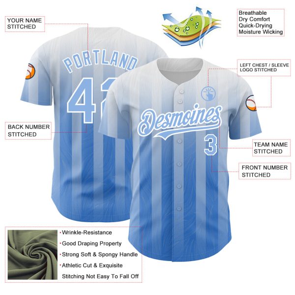Custom White Light Blue 3D Pattern Design Stripes Authentic Baseball Jersey - Image 3