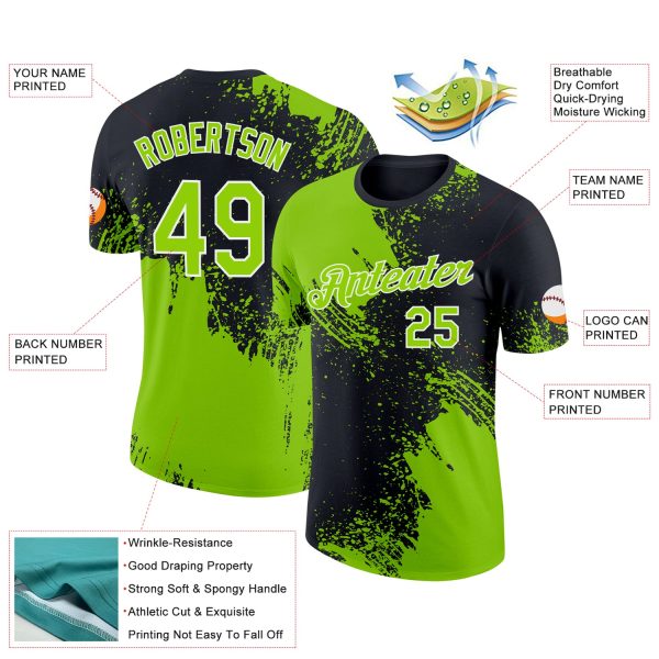 Custom Neon Green Black-White 3D Pattern Design Abstract Brush Stroke Performance T-Shirt - Image 2