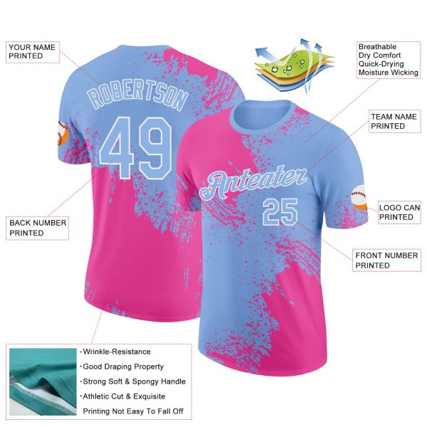 Custom Pink Light Blue-White 3D Pattern Design Abstract Brush Stroke Performance T-Shirt - Image 2