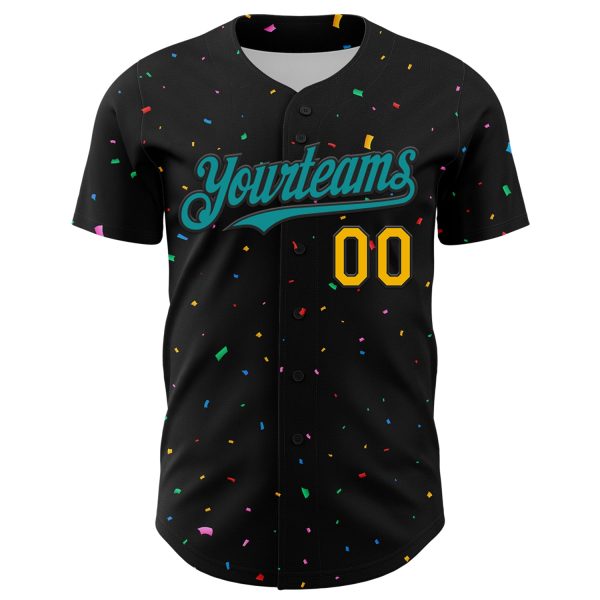 Custom Black Teal-Gold 3D Pattern Design Confetti Authentic Baseball Jersey - Image 2