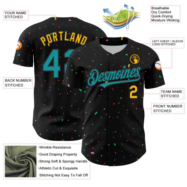 Custom Black Teal-Gold 3D Pattern Design Confetti Authentic Baseball Jersey - Image 3