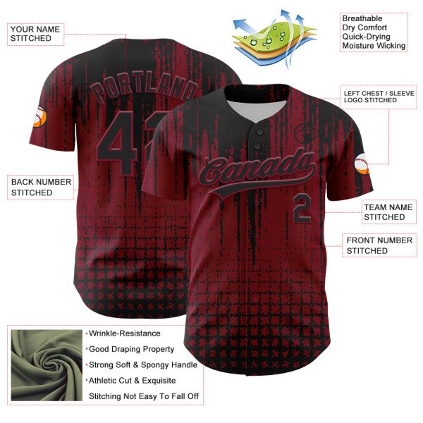 Custom Crimson Black 3D Pattern Design Abstract Shape Authentic Baseball Jersey - Image 3