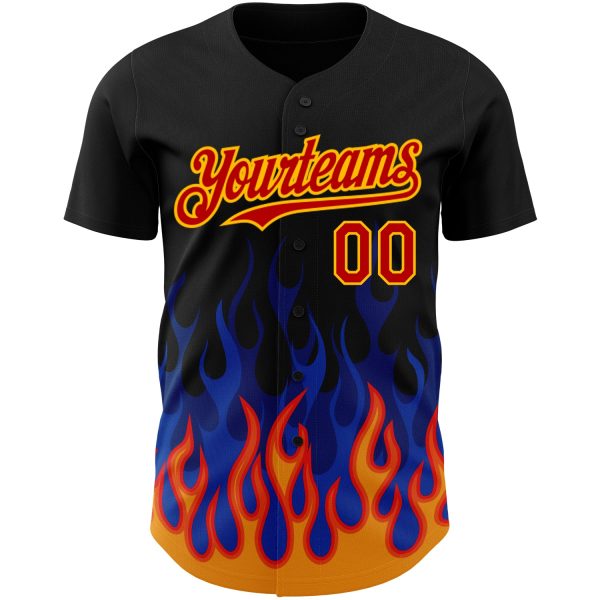 Custom Black Red-Gold 3D Pattern Design Flame Authentic Baseball Jersey - Image 2