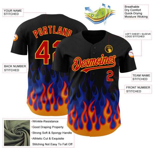Custom Black Red-Gold 3D Pattern Design Flame Authentic Baseball Jersey - Image 3