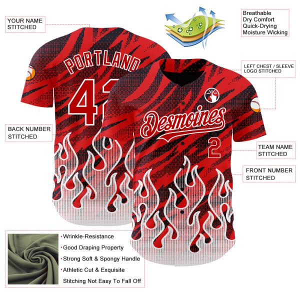 Custom Red Black-White 3D Pattern Design Flame Authentic Baseball Jersey - Image 3