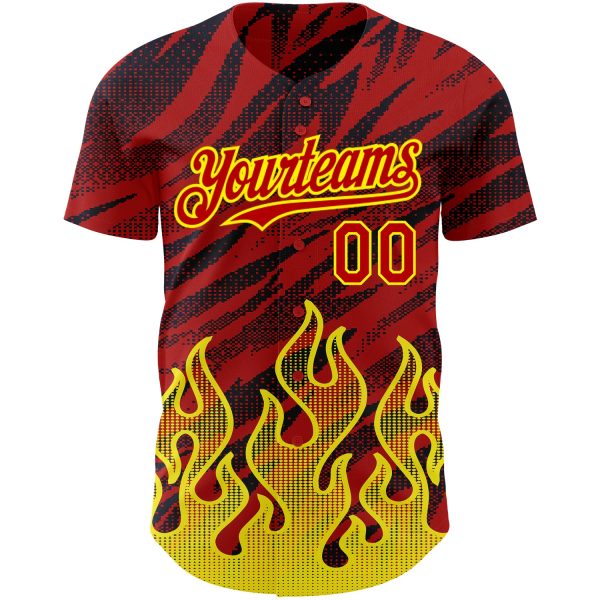 Custom Red Black-Light Yellow 3D Pattern Design Flame Authentic Baseball Jersey - Image 2
