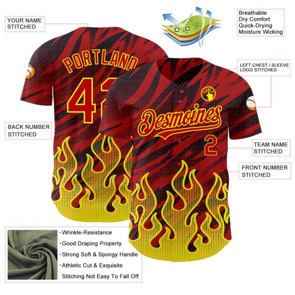 Custom Red Black-Light Yellow 3D Pattern Design Flame Authentic Baseball Jersey - Image 3