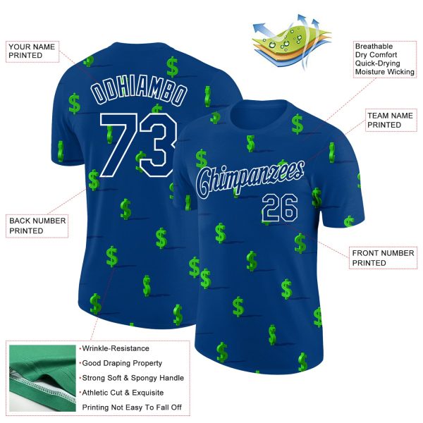 Custom US Navy Blue White 3D Pattern Design Dollar Sign Money Theme Performance T-Shirt - Image 2