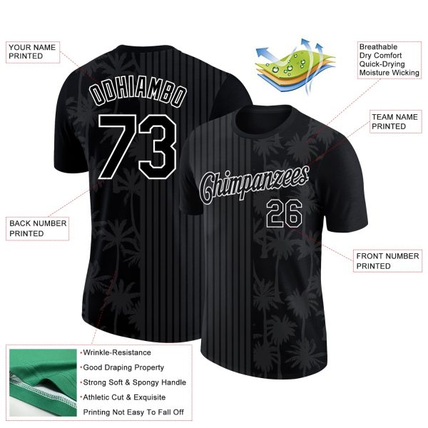 Custom Black White 3D Pattern Design Hawaii Palm Trees Performance T-Shirt - Image 2