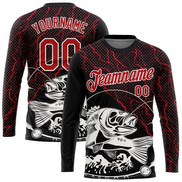 Custom Black Red-White 3D Pattern Design Fishing Performance T-Shirt - Image 2