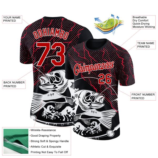 Custom Black Red-White 3D Pattern Design Fishing Performance T-Shirt - Image 3