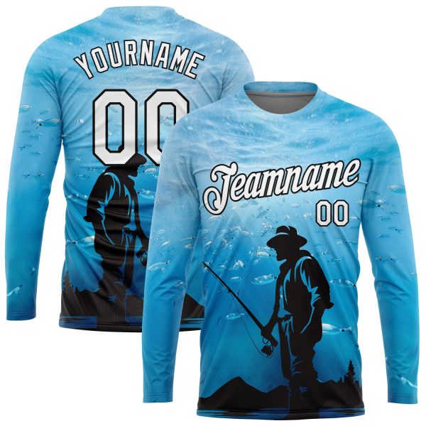 Custom Sky Blue White-Black 3D Pattern Design Fishing Performance T-Shirt - Image 2