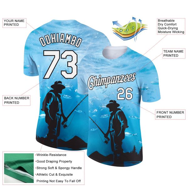 Custom Sky Blue White-Black 3D Pattern Design Fishing Performance T-Shirt - Image 3
