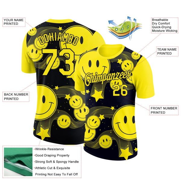 Custom Black Light Yellow 3D Pattern Design Smile Emoji Performance T-Shirt - Image 2