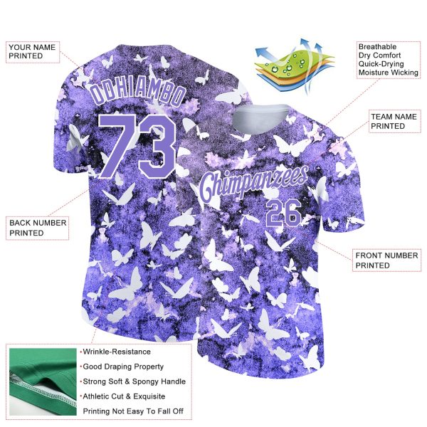 Custom Medium Purple White 3D Pattern Design Butterfly Performance T-Shirt - Image 2