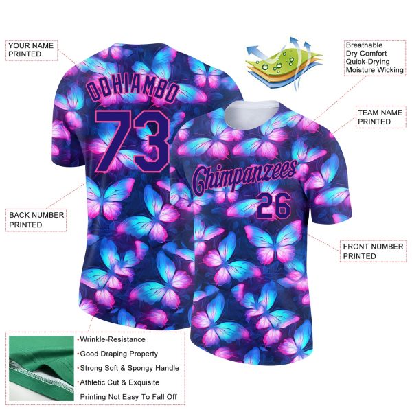 Custom Dark Purple Pink 3D Pattern Design Butterfly Performance T-Shirt - Image 2