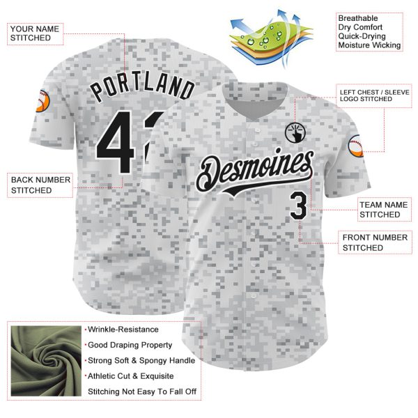 Custom Camo Black-White 3D Arctic Camouflage Authentic Baseball Jersey - Image 3