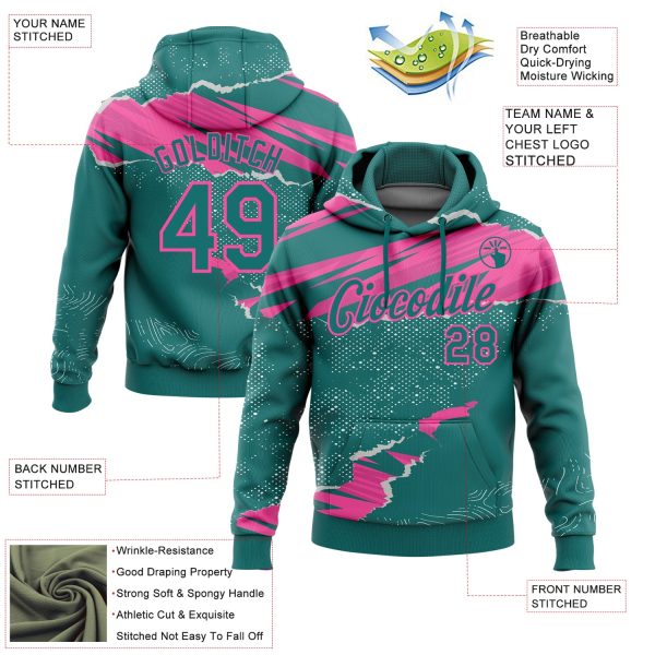 Custom Stitched Teal Pink 3D Pattern Design Torn Paper Style Sports Pullover Sweatshirt Hoodie - Image 2