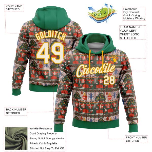 Custom Stitched Kelly Green Cream-Gold 3D Christmas Sports Pullover Sweatshirt Hoodie - Image 2