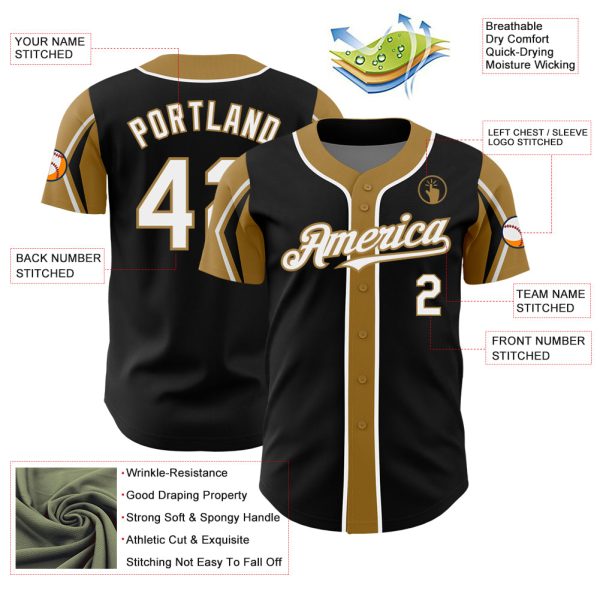 Custom Black White-Old Gold 3 Colors Arm Shapes Authentic Baseball Jersey - Image 4
