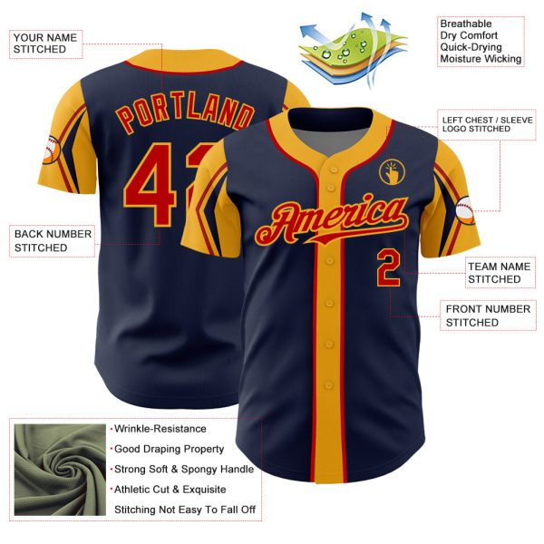 Custom Navy Red-Gold 3 Colors Arm Shapes Authentic Baseball Jersey - Image 4