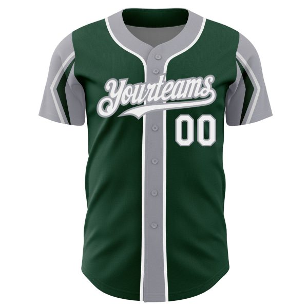 Custom Green White-Gray 3 Colors Arm Shapes Authentic Baseball Jersey - Image 3