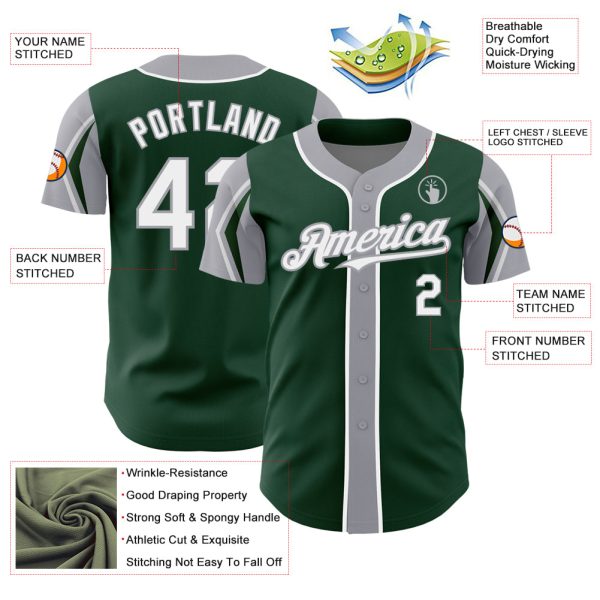 Custom Green White-Gray 3 Colors Arm Shapes Authentic Baseball Jersey - Image 4