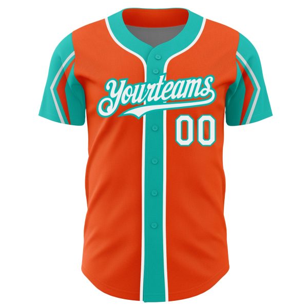 Custom Orange White-Aqua 3 Colors Arm Shapes Authentic Baseball Jersey - Image 3