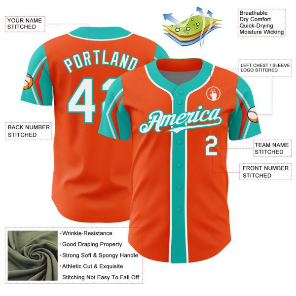 Custom Orange White-Aqua 3 Colors Arm Shapes Authentic Baseball Jersey - Image 4