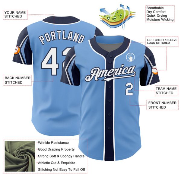 Custom Light Blue White-Navy 3 Colors Arm Shapes Authentic Baseball Jersey - Image 4
