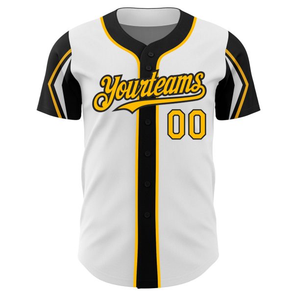 Custom White Gold-Black 3 Colors Arm Shapes Authentic Baseball Jersey - Image 3