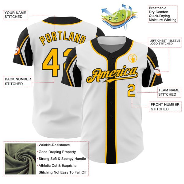 Custom White Gold-Black 3 Colors Arm Shapes Authentic Baseball Jersey - Image 4