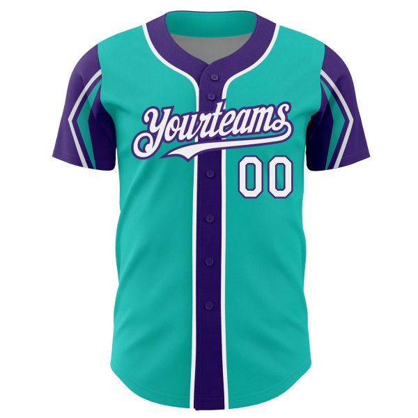 Custom Aqua White-Purple 3 Colors Arm Shapes Authentic Baseball Jersey - Image 3