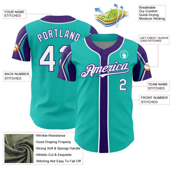 Custom Aqua White-Purple 3 Colors Arm Shapes Authentic Baseball Jersey - Image 4