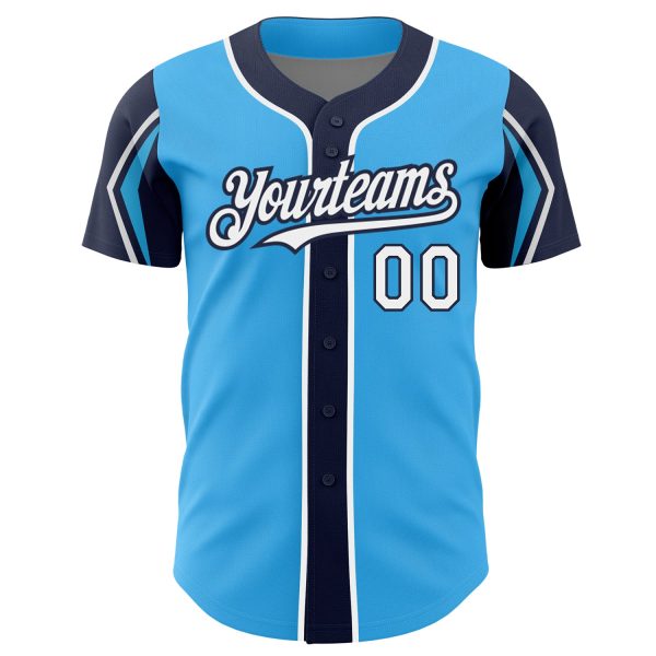 Custom Sky Blue White-Navy 3 Colors Arm Shapes Authentic Baseball Jersey - Image 3