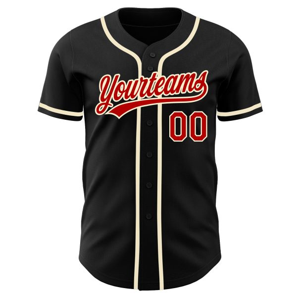 Custom Black Red-Cream Authentic Baseball Jersey - Image 2