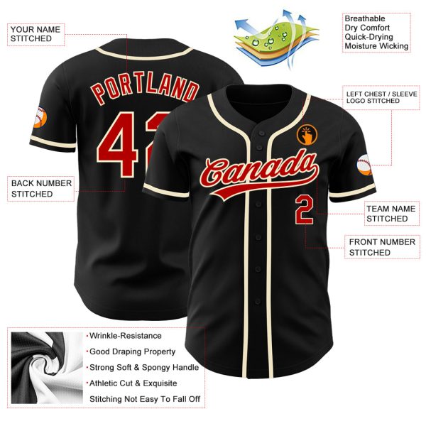 Custom Black Red-Cream Authentic Baseball Jersey - Image 3