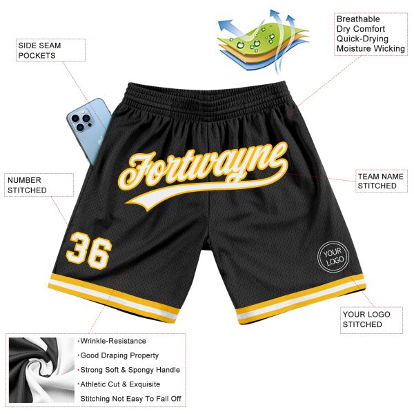 Custom Black White-Gold Authentic Throwback Basketball Shorts - Image 2