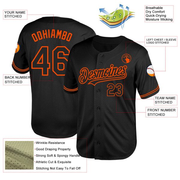Custom Black Orange Mesh Authentic Throwback Baseball Jersey - Image 3