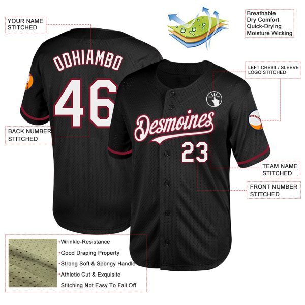 Custom Black White-Crimson Mesh Authentic Throwback Baseball Jersey - Image 3