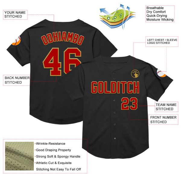 Custom Black Red-Old Gold Mesh Authentic Throwback Baseball Jersey - Image 3