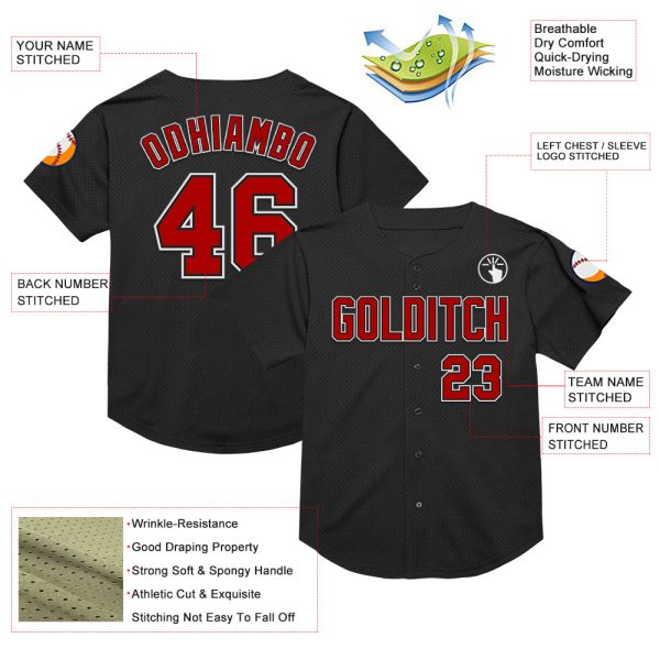 Custom Black Red-White Mesh Authentic Throwback Baseball Jersey - Image 3